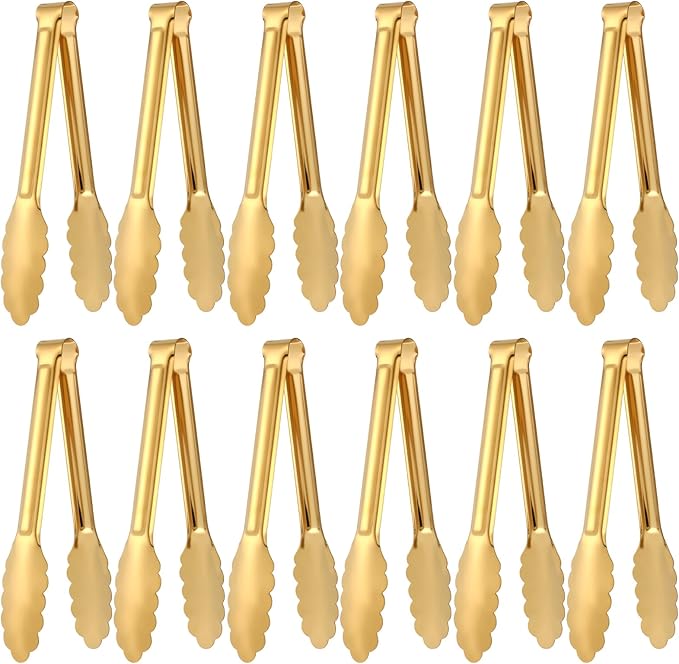 Dimeho 12 Pack Stainless Steel Buffet Tong Gold Serving Tongs 9 Inch Buffet Utensils Heavy Duty Durable Clamps Metal Kitchen Clip for Salad Steak Wedding Party Banquet Gathering