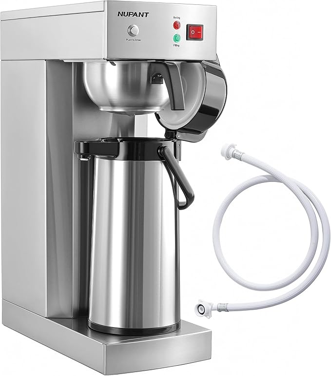 NUPANT Auto-Filling Commercial Airpot Coffee Brewer 2.2L/74oz Dirp Coffee Maker Machine with 24 Hours Hot Thermal Carafe Stainless Steel Pour Over Coffee Dispenser 120V/1450W for Restaurant Office
