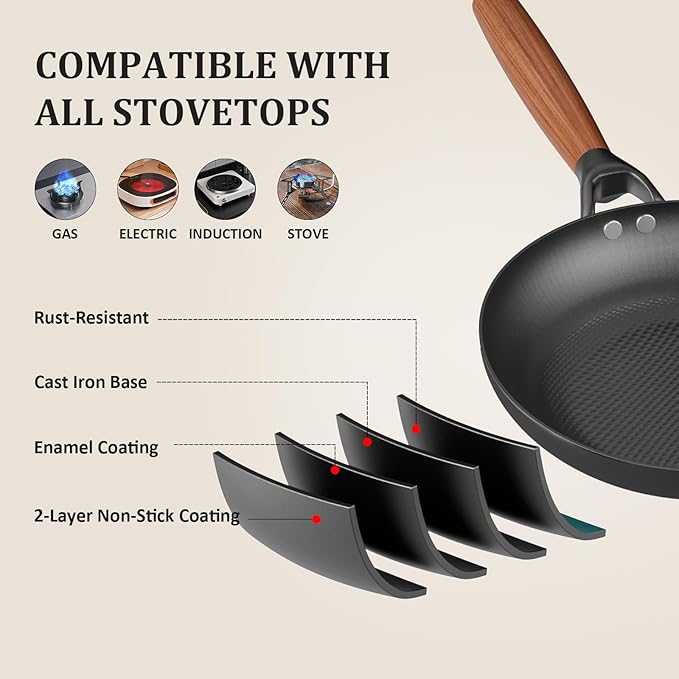 YUTANN Non Stick Frying Pans Set - 8, 10 & 12 Inch Cast Iron Skillets, Pre-Seasoned Diamond Texture Bottom for Oil-Saving Cooking, PFAS/PFOA Free, Detachable Handles, Induction & Oven Safe