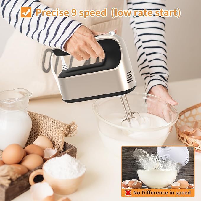 Yomelo 9-Speed Digital Hand Mixer Electric, 400W Powerful DC Motor, Hand Mixer Electric Handheld with Snap-On Storage Case, 5 Stainless Steel Accessories, Beaters, Dough Hooks, Whisk(Champagne Gold)
