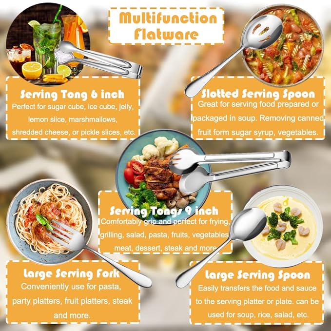IAXSEE 10 PCS Stainless Steel Serving Utensils, Large Serving Spoons Slotted Spoons, Serving Forks, Serving Tongs, Ice Suger Tongs, Metal Utensils Set Great for Buffet Catering Banquet Party (silver)