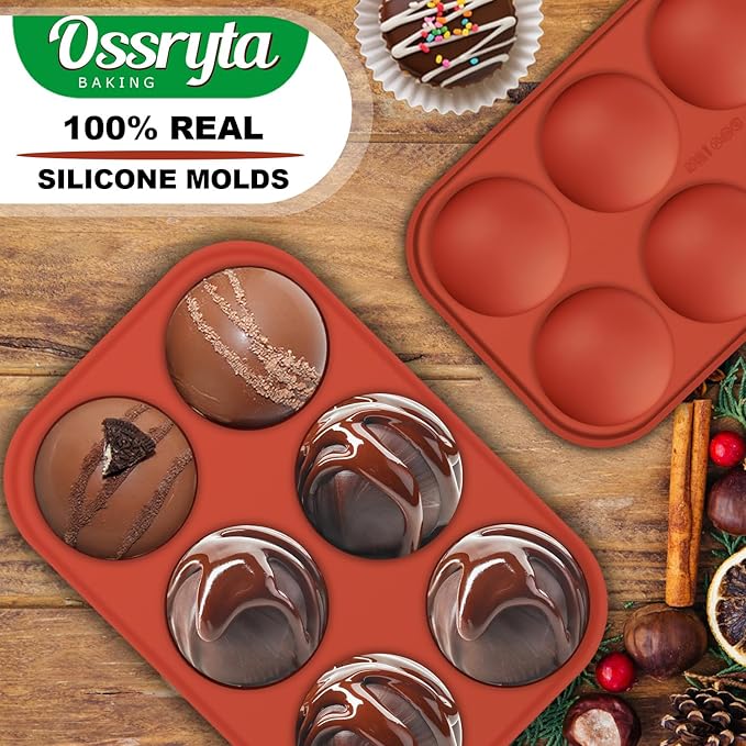 Ossryta 6-Cavity Medium Semi-Sphere Silicone Molds - Hot Chocolate Bomb Molds for Baking, Dome Cakes, Candy, Jelly & Mousse - Reusable, Non-Stick Half Sphere Chocolate Mold Set (2 Pack)