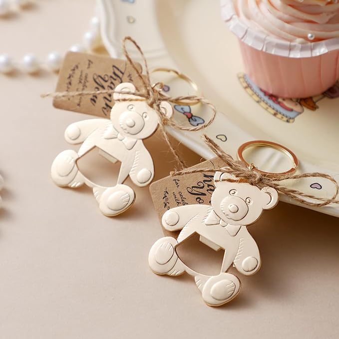 Uezea Bottle Openers Baby Shower Return Favors for Guests Cute Bottle Opener Decorations and Souvenirs with Organza Bags Tags for Theme Party Favors (Retro Style,73 pieces) (Teddy bear)