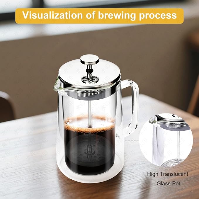 PanSukided French Press Coffee Maker 34Oz (1 Liter), DoubleWall Insulated Borosilicate Glass, Heat-Resistant Design, Stainless Steel Filter for Coffee, Tea & Cold Brew