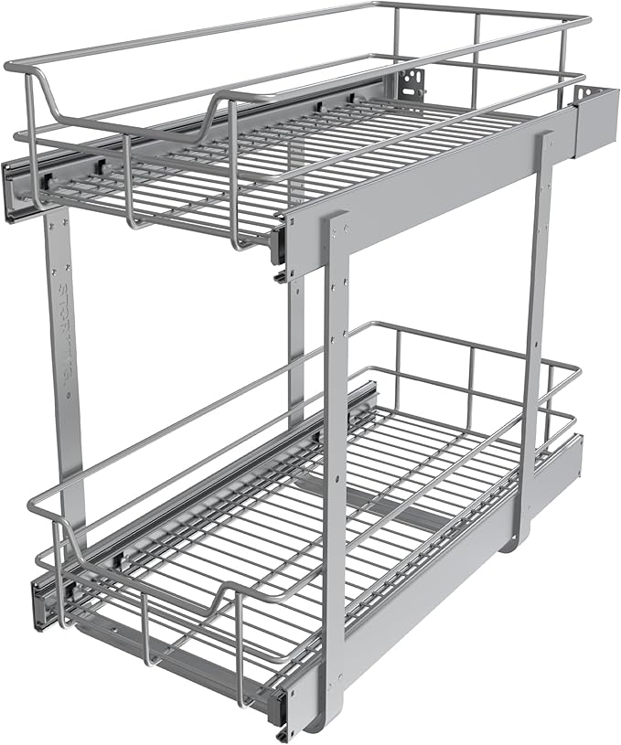 2 Tier Pull Out Cabinet Organizer 11" W X 17" D, Chromed, Full Slide Out