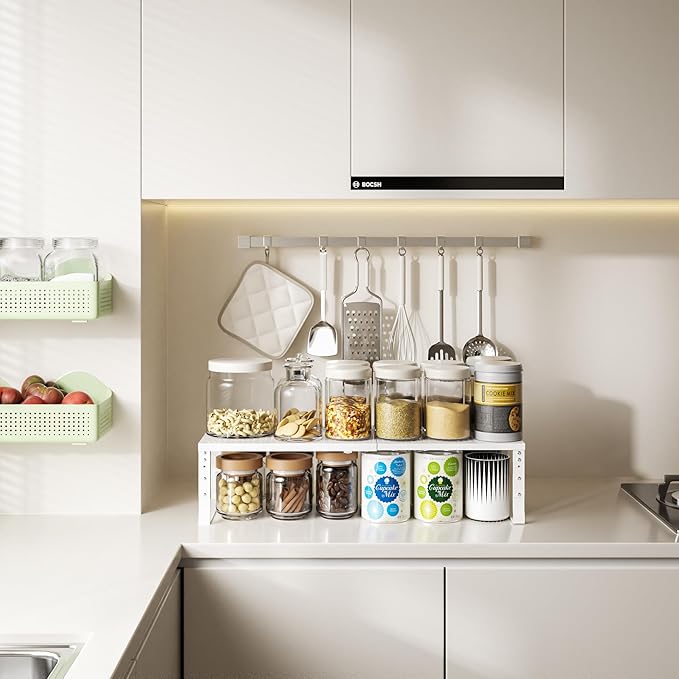 Wobmmi Expandable,Adjustable & Stackable Spice Rack, Cabinet Kitchen Countertop Shelf Organizer,Metal Pantry Storage Shelves - Space-Saving Storage Solution(1Pack/White/Large)