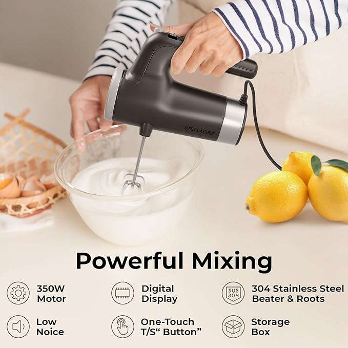 Electric Hand Mixer 350W, 9 Speed Handheld Mixer with Timer, Beaters, Whisks & Dough Hooks, Storage Case, Kitchen Mixer for Baking, Eggs, Cream, Cookie Dough & Frosting, Gray