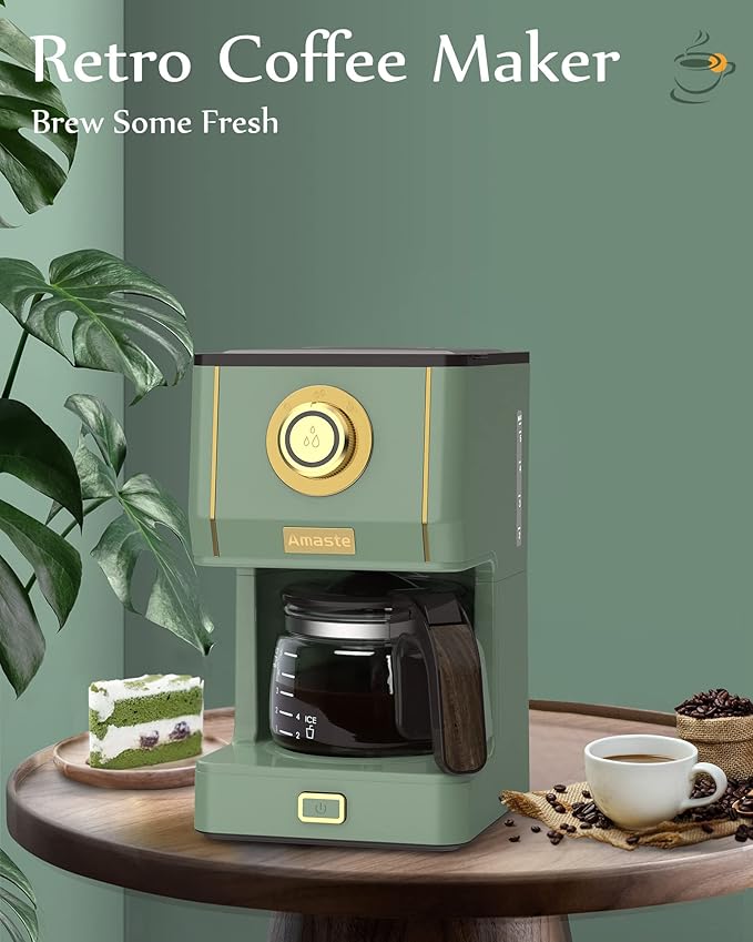 Amaste Drip Coffee Maker, Coffee Machine with 25 Oz Glass Coffee Pot, Retro Style Coffee Maker with Reusable Filter & Three Brewing Modes, Warming Plate, Matcha Green
