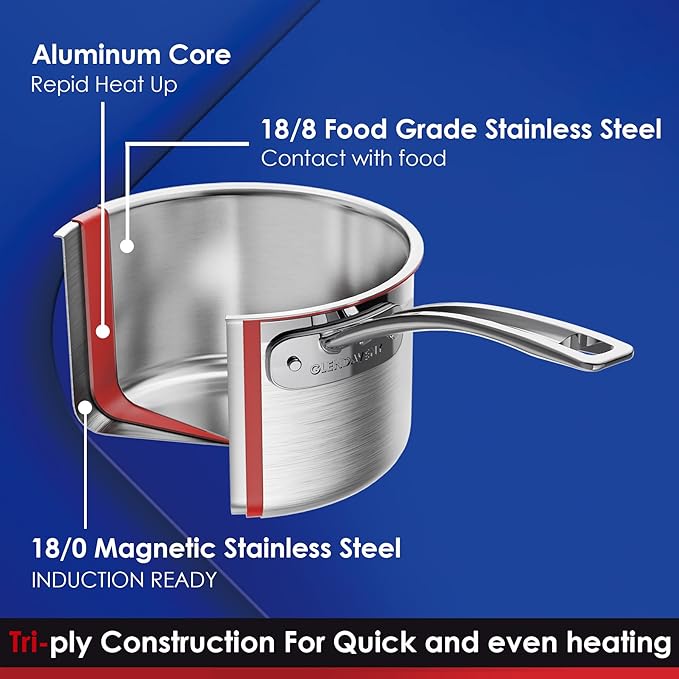 Glendaveny Tri-Ply Stainless Steel Sauce Pan with Lid, 3-Quart Saucepan Sauce Pot Multipurpose Use for Home Kitchen or Restaurant - Kitchen Cookware, Induction Pot, Dishwasher Safe & Oven Safe