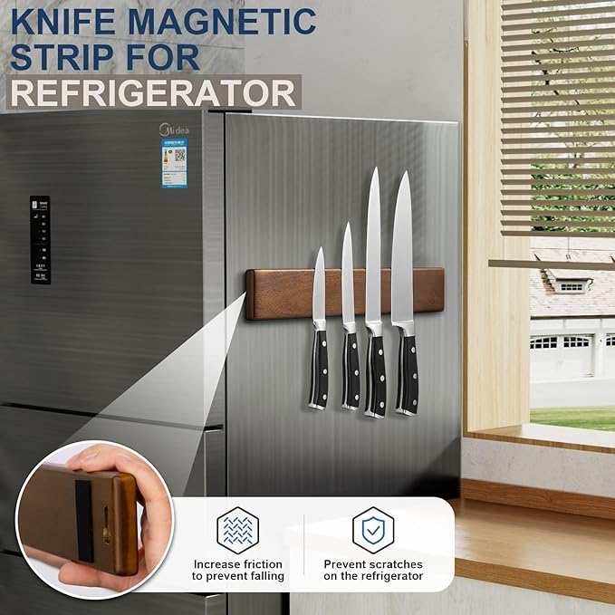 ENOKING 16 Inch Magnetic Knife Holder for Wall - Acacia Wood Knife Strip with Gold-Stamping Magnetic Gift Box - Powerful Knife Bar with 4 Hooks, No Drilling or Screw Mount