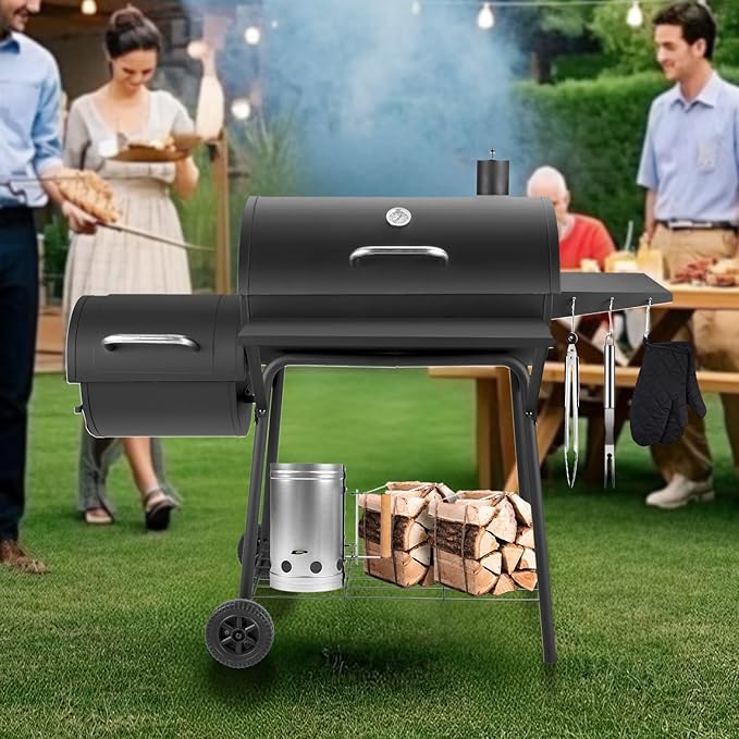 Kendane Barrel Charcoal Grill with offset smoker, 714 Square Inches Cooking Area, Outdoor BBQ Grill with Front and Side Shelf, Perfect for Backyard, Patio Parties and Picnics