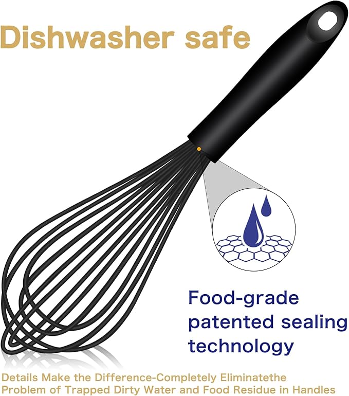 OYV Dishwasher Safe Silicone Whisk, Sealed Waterproof Design Set of 3, Professional Kitchen Whisks for Cooking Non-Scratch, Silicone & Stainless Steel Whisk, Heat Resistant Balloon Egg Beater, Black