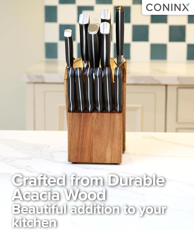 Coninx Knife Block with Built-In Sharpener – 15 Slot Acacia Wood Knife Holder for Kitchen Counter – Non-Slip Wooden Knife Organizer Stand for Chef & Bread Knives