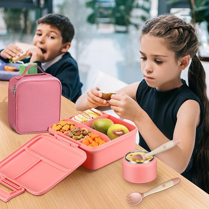 JXXM Bento Lunch Box for Kids With 8oz Soup Thermo,Leak-proof Lunch Containers with 5 Compartment,Thermo Food Jar and Lunch Bag, Food Containers for School (A-Pink（Unicorn - Mermaid）)