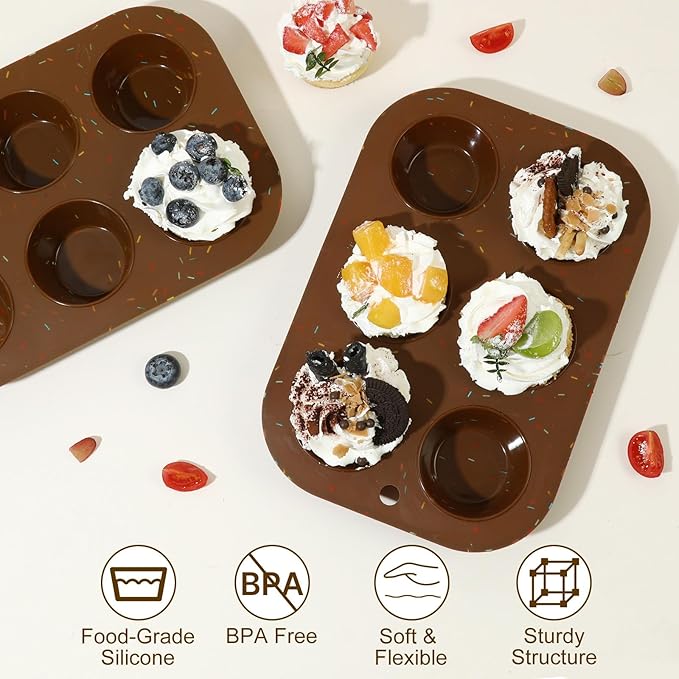 Firstfooby 2 Pack Silicone Muffin Pan for Baking, Regular Size Nonstick Cupcake Pan, 6-Cup Silicone Muffin Tin BPA Free Dishwasher Safe, Great for Muffin Cupcake Brownie Egg Tart