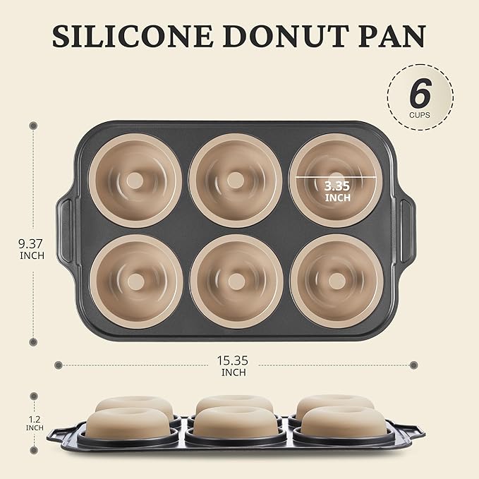 BRONYPRO Silicone Donut Pan for Baking with Metal Reinforced Frame, 6-Cavity Nonstick Doughnut Mold, Large Donut Size, Food-Grade Bakeware, Oven Dishwasher Freezer Safe, Gray