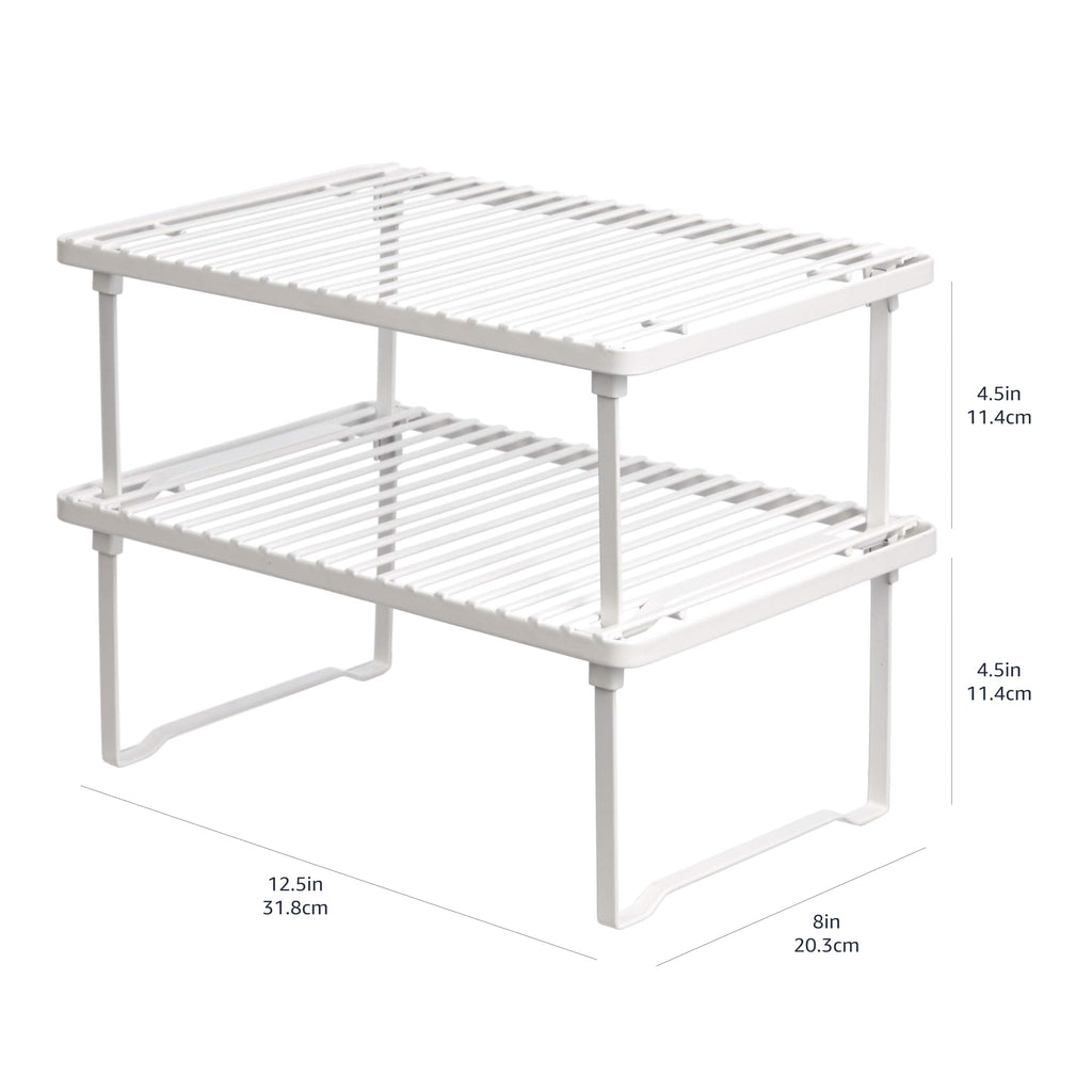 Amazon Basics Space-Saving Stackable Metal Kitchen Cabinet Organizer Shelves for Dishes, Pantry Organization, 12.5" L x 8" D x 4.5" H, Set of 2, White
