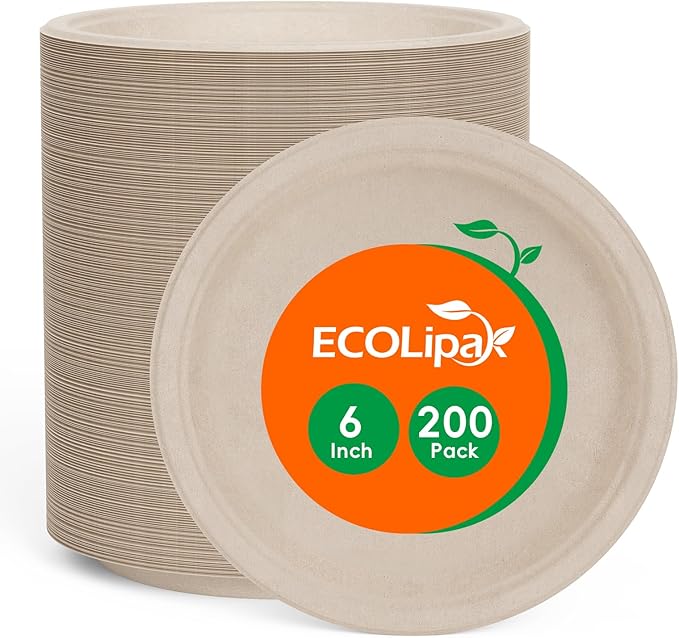ECOLipak 6 in 200 Pack Natural Disposable Compostable Dessert Paper Plates