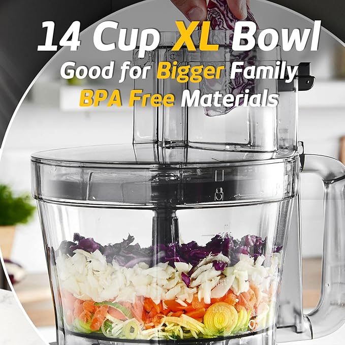 Magiccos 14-Cup French-Fry-Cutter Large Food-Processors - Large Feed Chute, Grey Color, Cheese Shredding, Meat Chopping, Shredding and Slicing, Mixing and Doughing, for Home Use