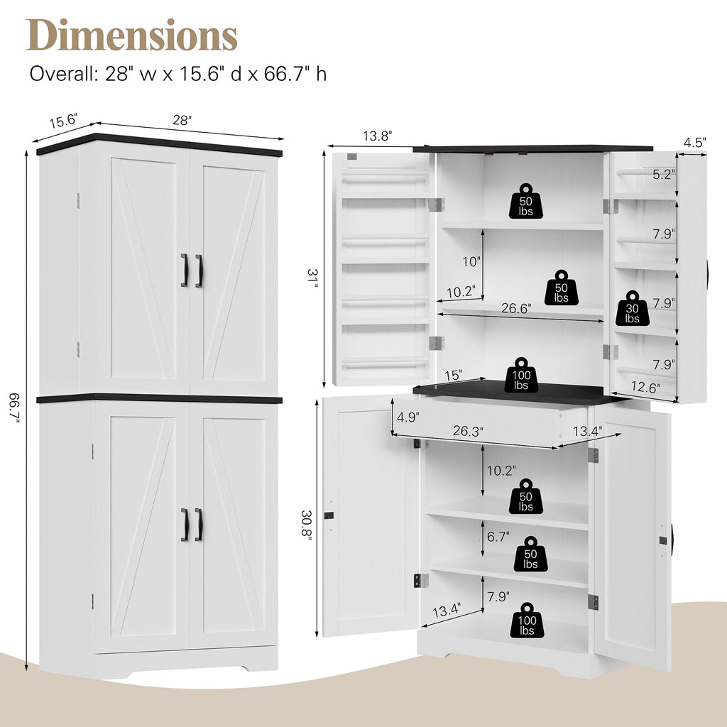 Vongrasig Kitchen Pantry Storage Cabinet with Barn Doors, Drawer and Adjustable Shelves, 6-Tier Tall Rustic Wood Cupboard Locker for Kitchen, Dining Room, Living Room, Bathroom, (White)