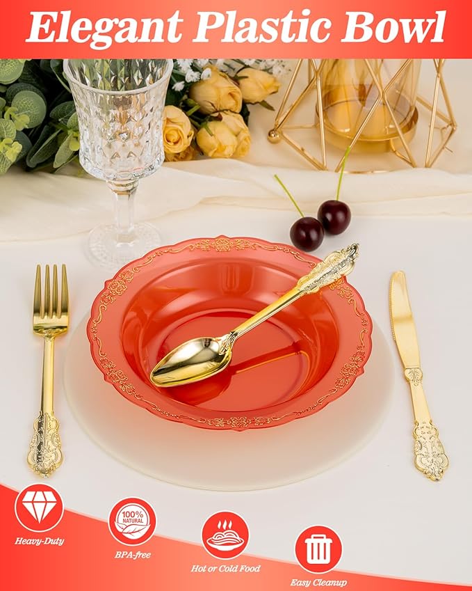 Bestluck 100 Pack Clear Red Plastic Bowls with Gold Rim