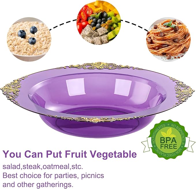 Nervure 50PCS Purple Plastic Bowls with Gold Rim 12oz Disposable Soup Bowls