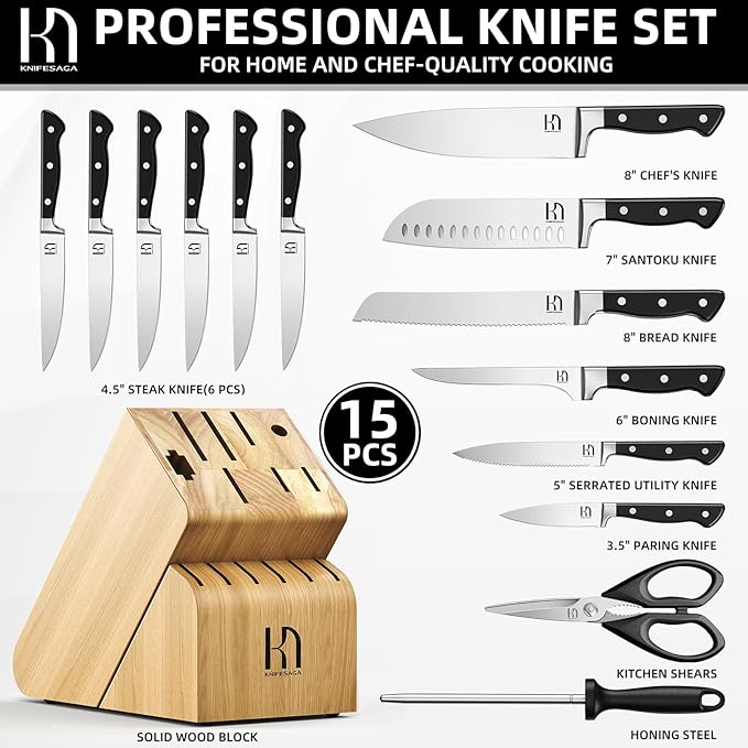 KnifeSaga Japanese Knife Set with Sharpener, Premuim, Razor Sharp, 15 Pcs