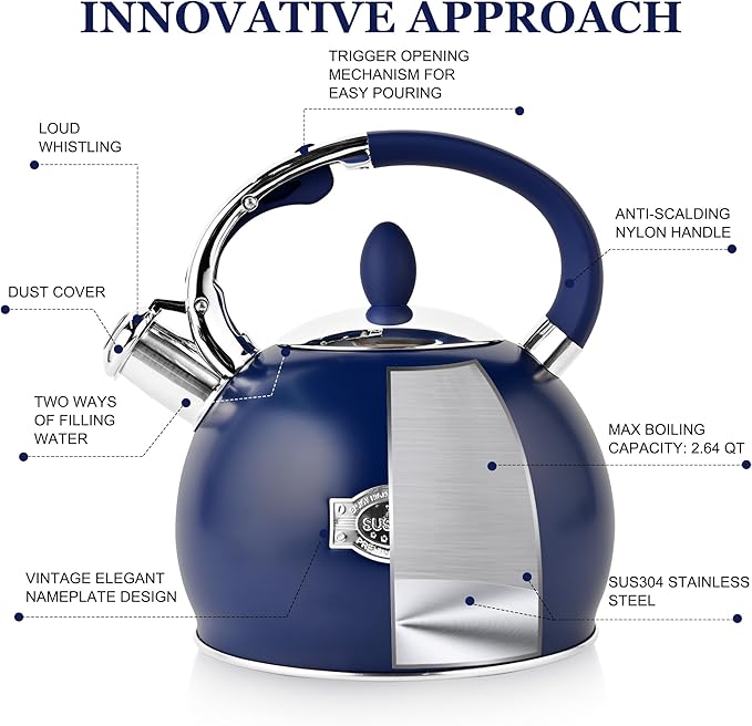 SUSTEAS Whistling Tea Kettle, 2.7QT Food-Grade Steel Teapot, NAVY BLUE