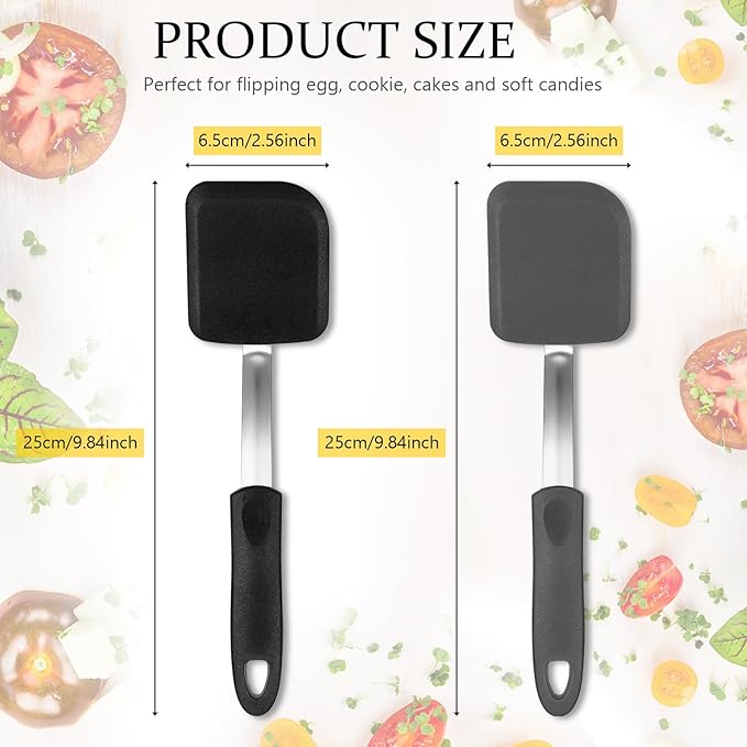 Yetene Silicone Cookie Spatula Turner 2 Pack Mini Brownie Spatula Flexible Kitchen Small Silicone Turner for Nonstick Cookware Heat Resistant No Scratch Flipper for Egg(Solid Flat,Black, Grey)
