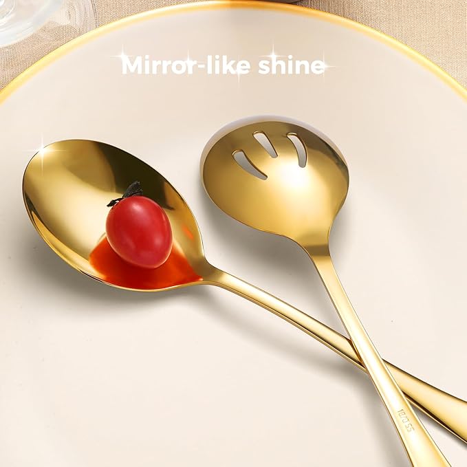 Keyoxy Stainless Steel Serving Spoons Set, 8pc, 10-Inch, Includes 4 Large, 4 Slotted, for Parties/Kitchen/Buffet/Catering, Dishwasher Safe, Gold