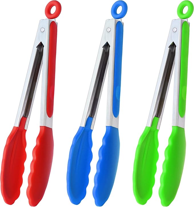 HINMAY 9" Kitchen Tongs with Silicone tips, Set of 3 (Red Blue Green)