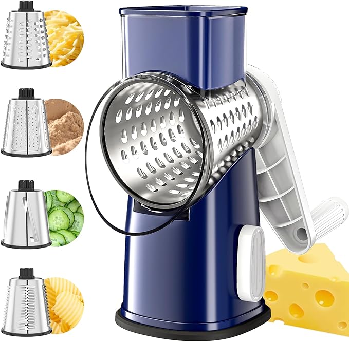 VEKAYA Rotary Cheese Grater Hand Crank, 4 blades Cheese Shredder (Blue)