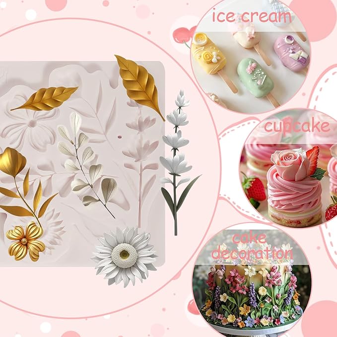 IKOJING 1 Pcs Flower Fondant Mold for Cake Decoration, Leaf Chocolate Silicone Mold, Exquisite Flower and Leaf Shape is Perfect for Wedding Desserts, Candy, Sugar Craft, Gum, Resin, Clay