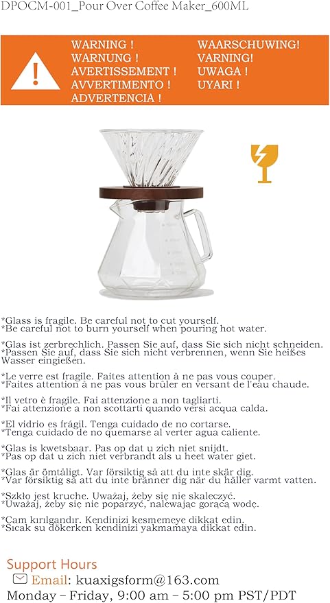 Lalord Pour Over Coffee Maker, 20 oz Borosilicate Glass Carafe with 100 pcs V60 Paper Filter, Walnut Handle & Glass Lid, Drip Coffee Maker for Home Café Restaurant Camping, 600 ml, Clear