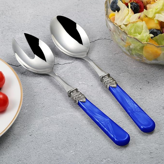 CATHYLIN 2-piece Salad Servers Stainless Steel Salad Serving Set Salad Fork and Spoon (Deep Blue)