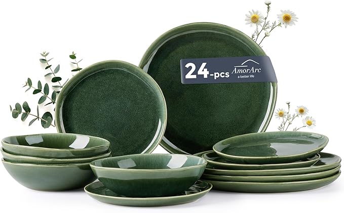 AmorArc Ceramic Dinnerware Sets for 8, 24Pcs Plates and Bowls Sets Dishes