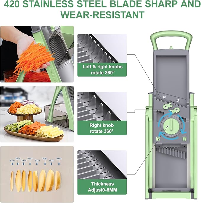 ZTQCSQ [All in 1] Upgraded Version Safe Mandoline Slicer for Kitchen, Adjustable Thickness. Detachable Blade, Veggie Slicer, Rapid Prep Mandoline, with Cleaning Brush/Paring Knife (MatchaGreen)