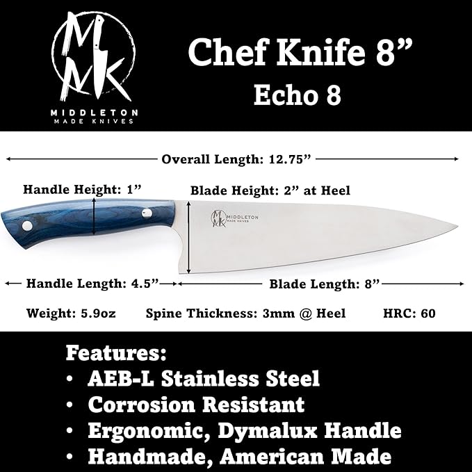 Middleton Made Knives Echo 8 Inch Chef Knife, AEB-L Stainless, Blue
