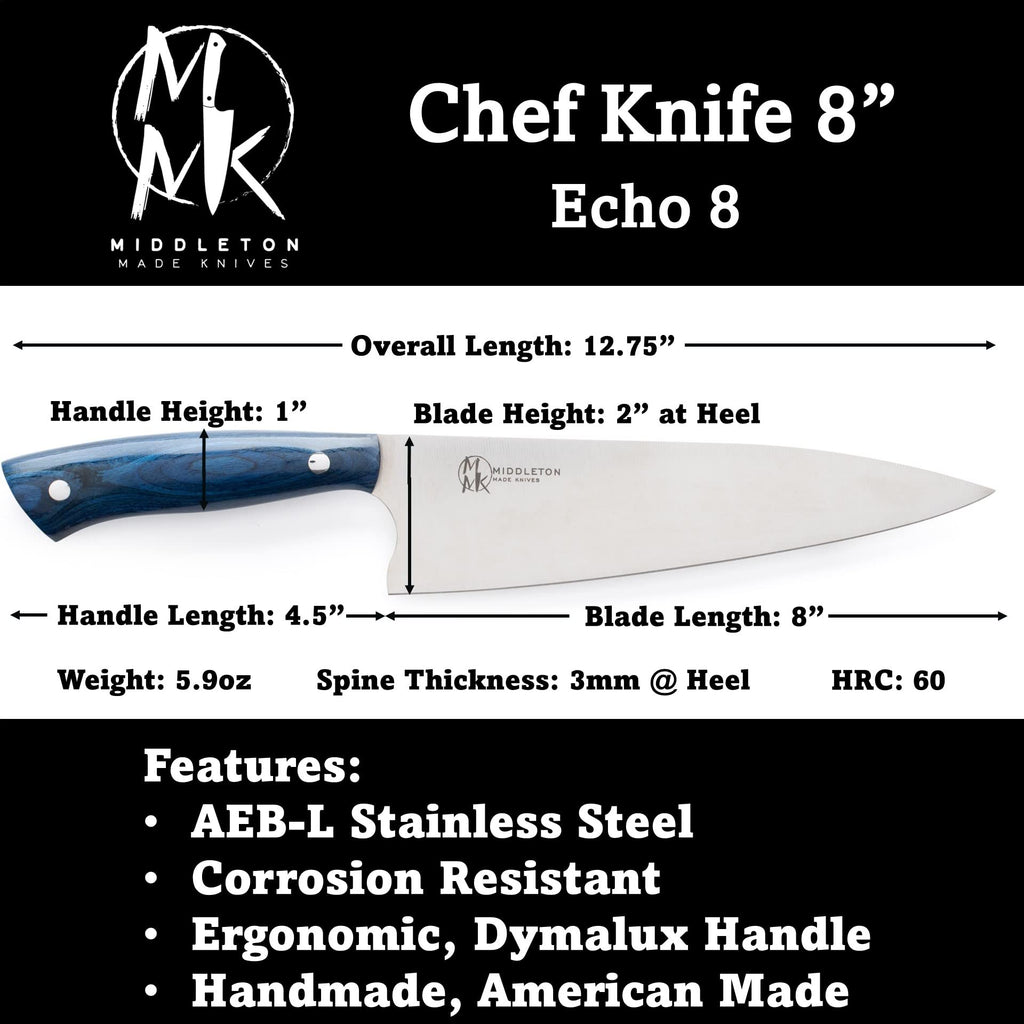 Middleton Made Knives Echo 8 Inch Chef Knife, AEB-L Stainless, Blue