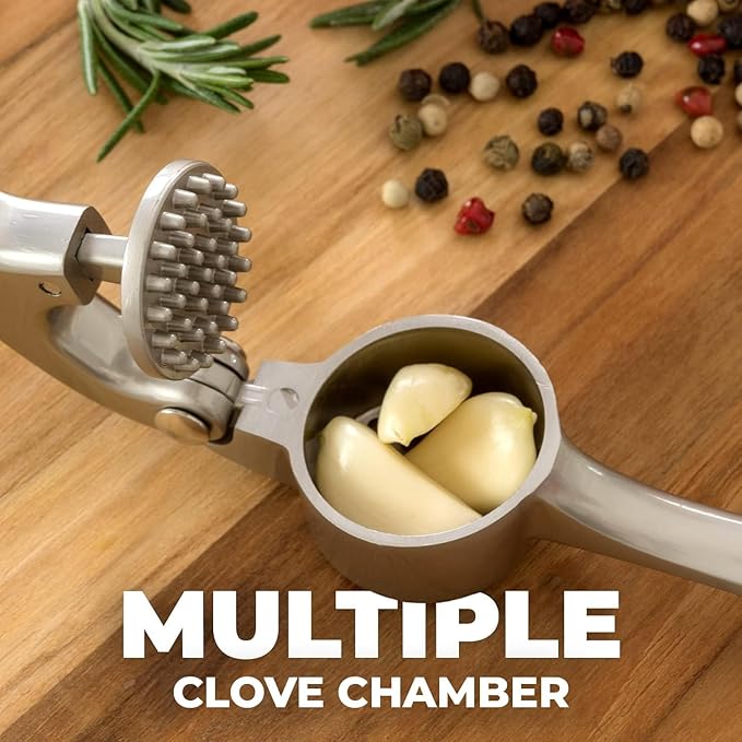 Zulay Kitchen Premium Garlic Press Set - Rust Proof Professional Garlic Mincer Tool - Easy-Squeeze, Easy-Clean with Soft, Ergonomic Handle - Silicone Garlic Peeler & Brush (Silver)
