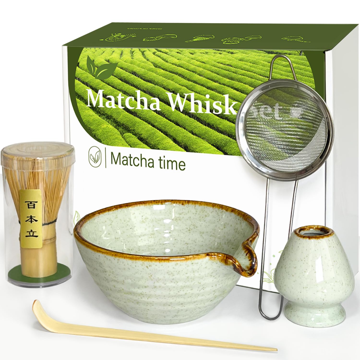 Vaiheng Matcha Whisk Set with Matcha Bowl, Matcha Whisk Holder Matcha Bamboo Whisks, Scoop, Sifter, Mothers Day Gifts for Women Mom Her Girl Friend Home Kitchen Decor Kit for Tea Enthusiasts