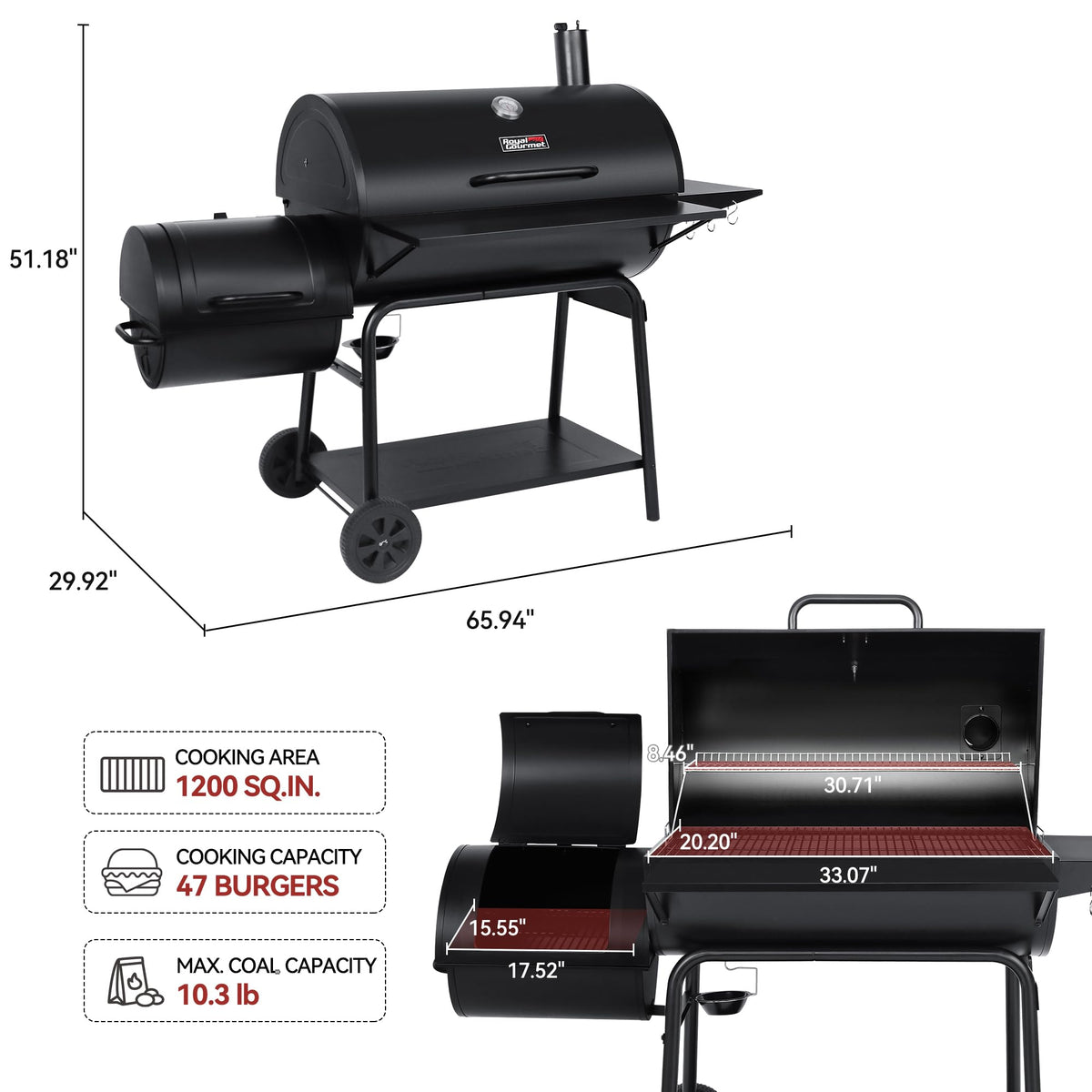 Royal Gourmet CC2036F Barrel Charcoal Grill with Offset Smoker, Outdoor BBQ Grill with 1200 Sq. In. Grilling Area for Large Event Gathering, Black