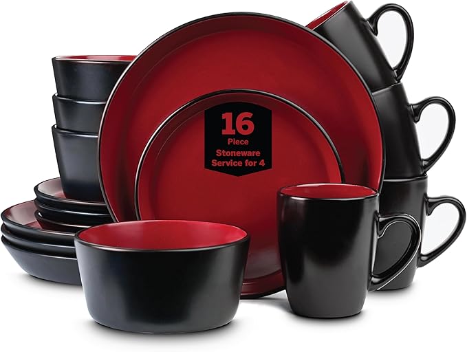 Stone Lain Albie Stoneware 16 Piece Modern Dinnerware Set, Kitchen Plates and Bowls Sets, Service for 4, Red and Black, Microwave & Dishwasher Safe