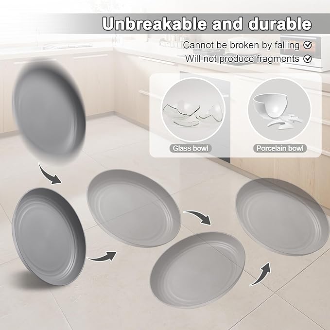 HEYCOME 12 Pcs Unbreakable Deep Dinner Plates Set, 9 inch Reusable Plastic Wheat Straw Plates, Microwave and Dishwasher Safe Plate for Kitchen, Lightweight Plate for Dessert, BPA Free, Light Gray