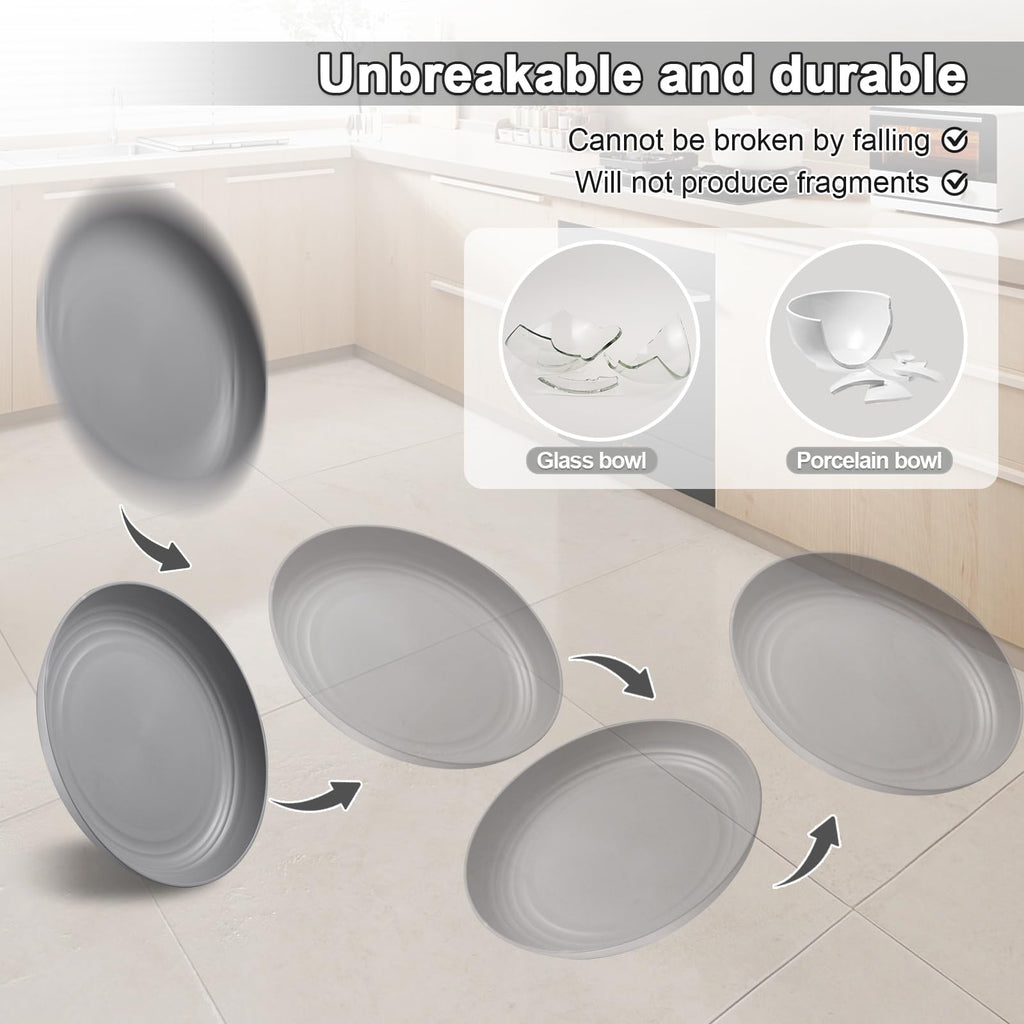 HEYCOME 12 Pcs Unbreakable Deep Dinner Plates Set, 9 inch Reusable Plastic Wheat Straw Plates, Microwave and Dishwasher Safe Plate for Kitchen, Lightweight Plate for Dessert, BPA Free, Dark Gray