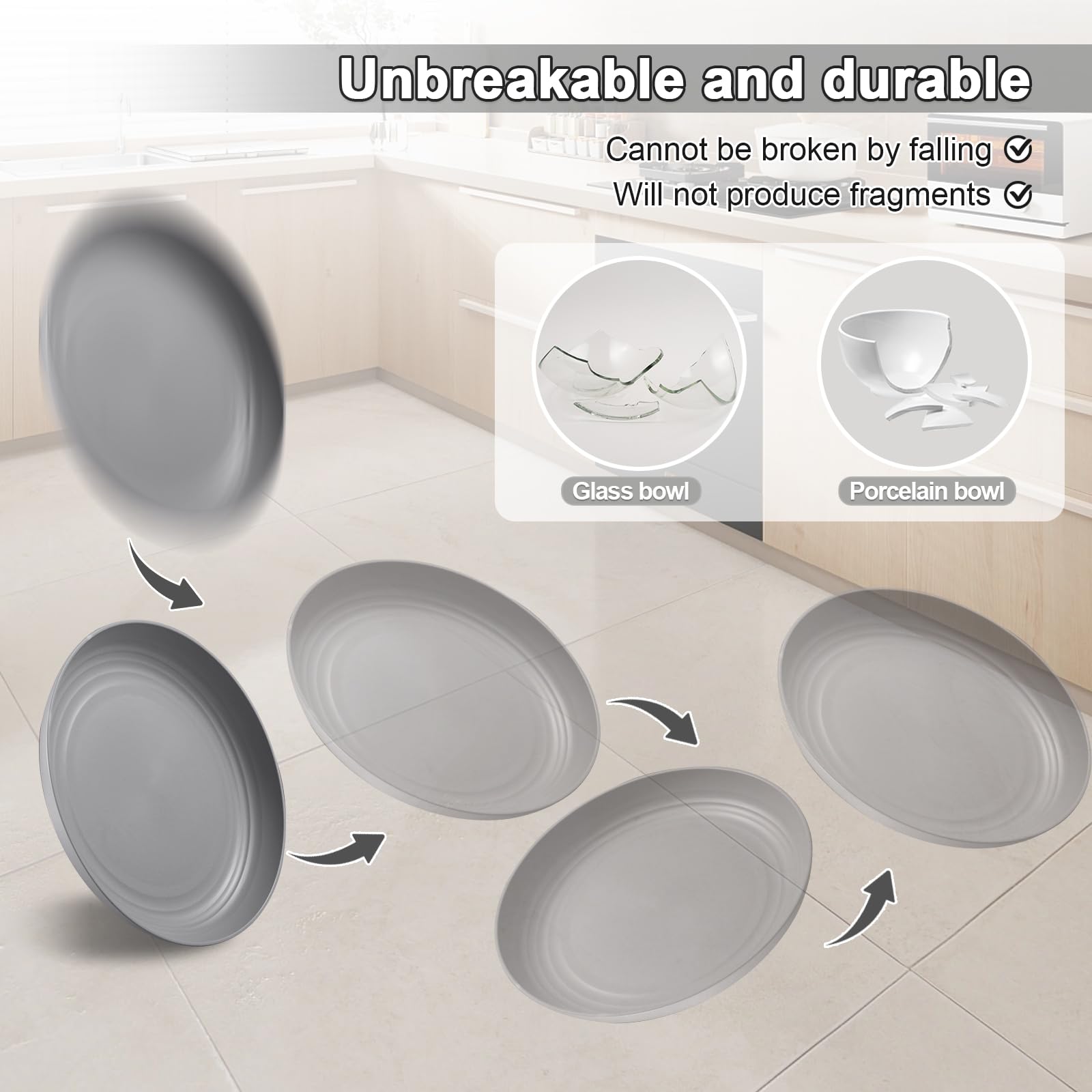 HEYCOME 12 Pcs Unbreakable Deep Dinner Plates Set, 9 inch Reusable Plastic Wheat Straw Plates, Microwave and Dishwasher Safe Plate for Kitchen, Lightweight Plate for Dessert, BPA Free, Dark Gray