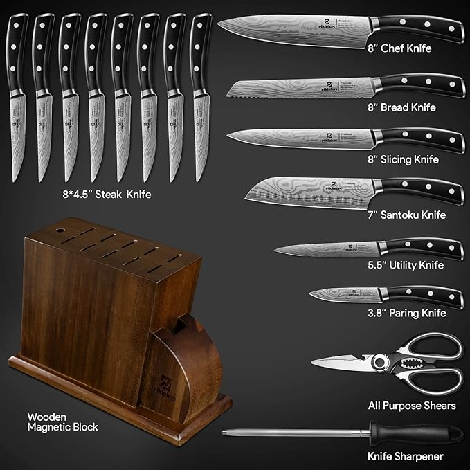 Piklohas Knife Sets for Kitchen with Block, 17 Pieces with Magnetic Knife Holder, German High Carbon Stainless Steel Damascus Pattern Chef Knife Set, Ideal for Gift