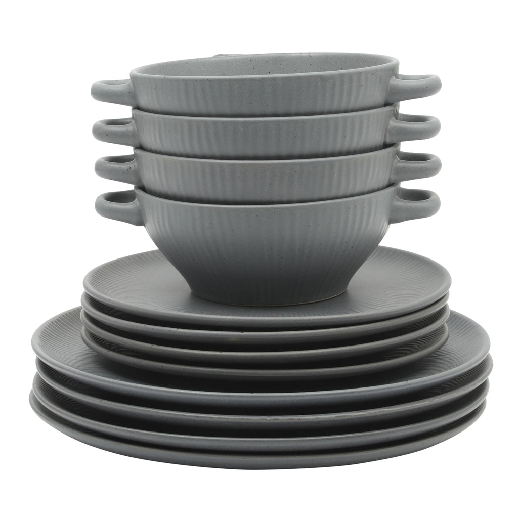 Gibson Elite Clover Hill 12-Piece Stoneware Dinnerware Set – Dark Blue Embossed Plates and Bowls with Matte Speckled Reactive Glaze, Service for 4 – Microwave & Dishwasher Safe
