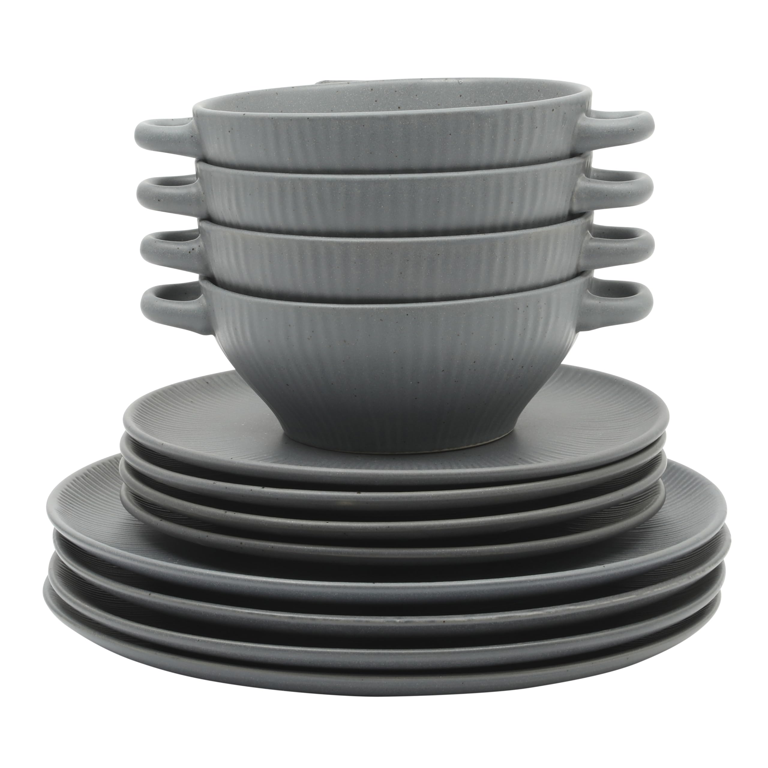 Gibson Elite Clover Hill 12-Piece Stoneware Dinnerware Set – Dark Blue Embossed Plates and Bowls with Matte Speckled Reactive Glaze, Service for 4 – Microwave & Dishwasher Safe