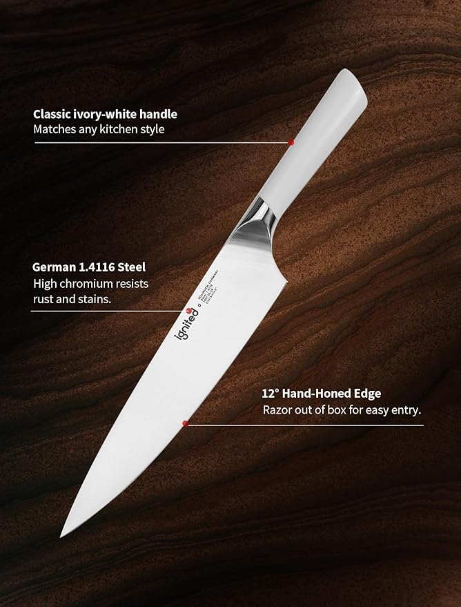 8 Inch Chef Knife – German Stainless Steel, Ivory White Handle